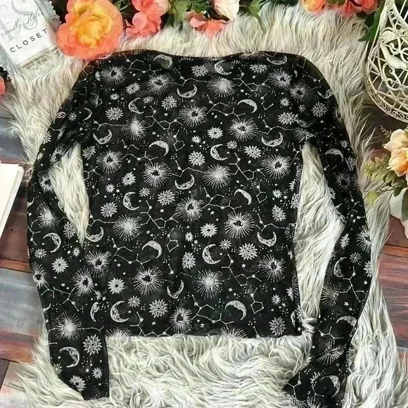 Just Polly Sheer Mesh Constellation Astrology Top Moon Star Print Long Sleeve, L - Picture 8 of 11